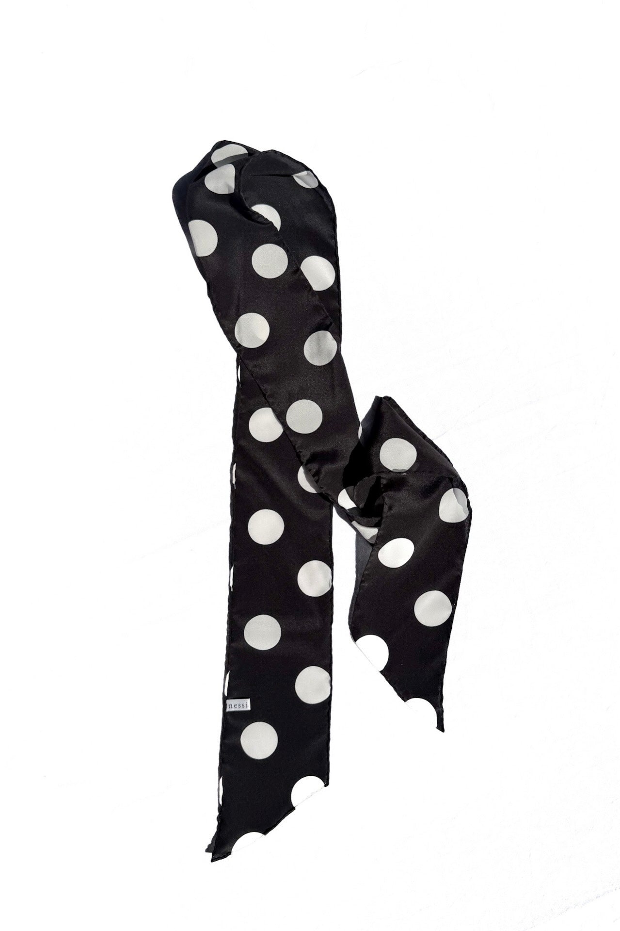 Long black with white polka dots skinny silk scarf by nessi, Australian independent fashion label
